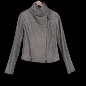 Vince Womens Gray Moto Jacket Goat Leather Extra Soft Sz S Merino Wool Panels
